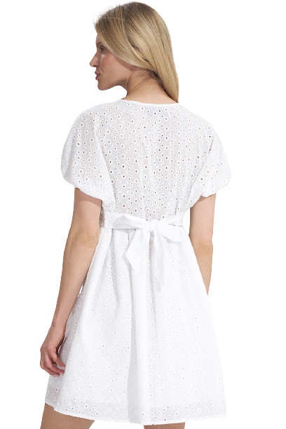 Sukienka Mini - Z Krótkimi Bufiastymi Rękawami - biała